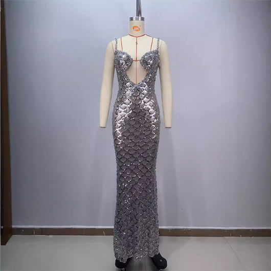 Vestido Largo Elegante Espalda Descubierta con Lentejuelas y Tirantes - Image 5