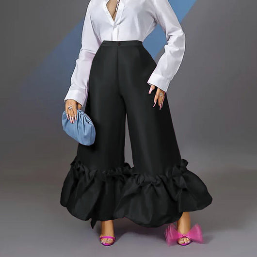 Pantalones Anchos de Cintura Alta con Volantes - Casual y Cómodo - Image 3
