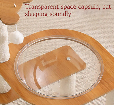 Multi-layer cat tree with a plush top bed, clear space capsule, wooden cat house, sisal scratching posts, and climbing stairs. - Image 3