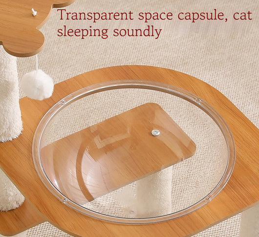 Multi-layer cat tree with a plush top bed, clear space capsule, wooden cat house, sisal scratching posts, and climbing stairs. - Image 3