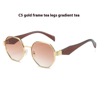 Polygonal sunglasses with a gold metal frame, beige temples, and dark black-gray lenses on a white background. - Image 9