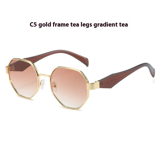 Polygonal sunglasses with a gold metal frame, beige temples, and dark black-gray lenses on a white background. - Image 9