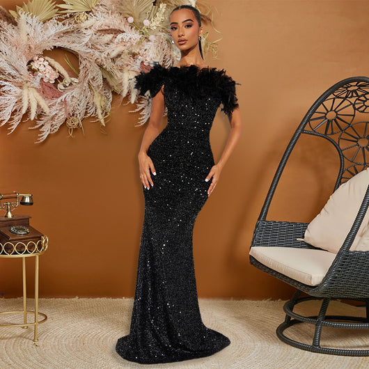 Vestido de Noche Sexy con Lentejuelas y Plumas - Diseño Elegante para Eventos - Image 7