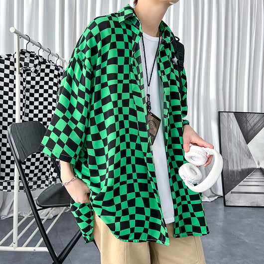 Chaqueta de Seda Helada para Hombre con Camisa Cuadriculada de Tres Cuartos - Image 11