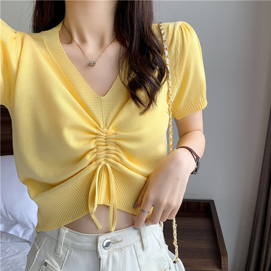 Blusa de Punto Escotada V Manga Corta para Verano - Image 7