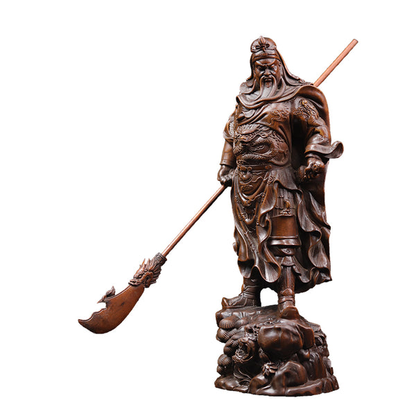 Estatua del Dios de la Riqueza Guan Yu - Talla en Boj Antiguo