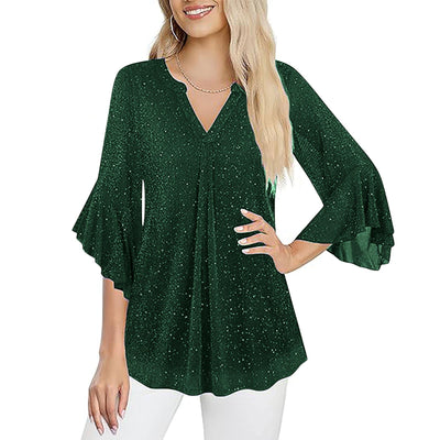 Blusa Suelta de Malla Plateada con Cuello V y Mangas 3/4 Pétalos - Image 25