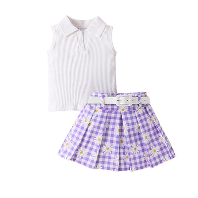 Conjunto de Tres Piezas para Niña: Top Sin Mangas a Rayas con Falda Cuadros Margarita y Cinturón - Image 17