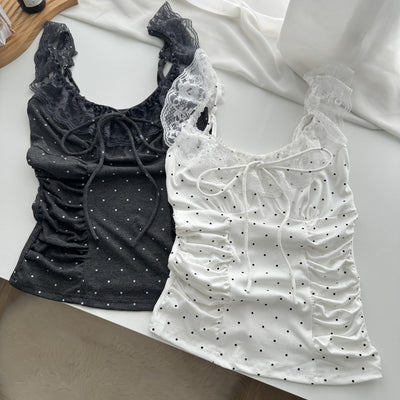 Blusa Crop Ajustada con Volantes, Encaje y Lunares - Manga Casquete - Image 20