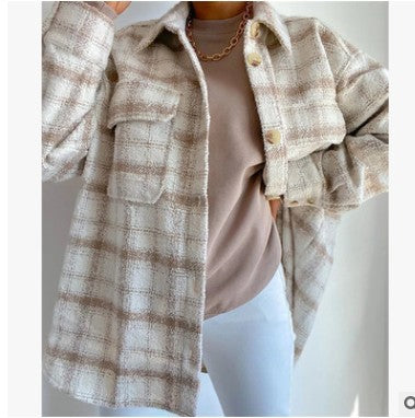 Chaqueta de Lana a Cuadros Suelta para Mujer