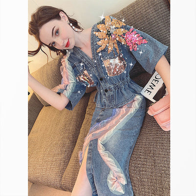 Conjunto Denim Retro con Bordado - Top y Falda Dos Piezas Estilo Street - Image 9