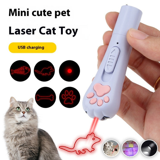 Light purple paw-shaped cat laser pointer toy with USB charging, featuring multiple red laser patterns, soft white light, and UV light.