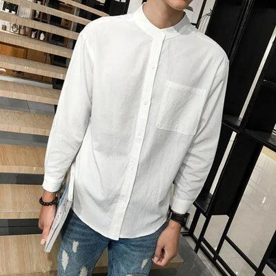Camisa Hombre Cuello Mao Algodón y Lino Blanca - Image 5