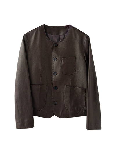 Chaqueta Corta de Cuero Genuino para Mujer - Cuello Redondo en Piel de Borrego - Image 7