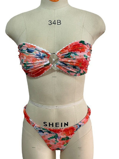 Floral print tube top bikini with blue and purple flowers, white lace trim, and a central ring detail. - Image 6
