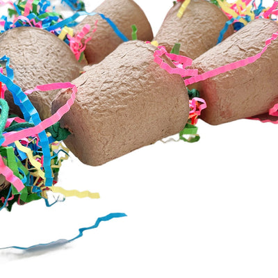Parrot gnawing toy with brown paper cups, a woven palm top, and colorful shredded paper hanging in a bird cage. - Image 9