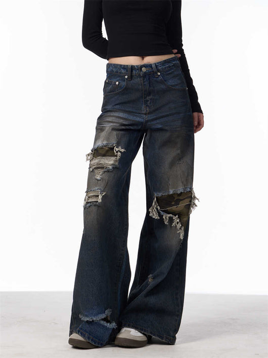 Pantalones Vaqueros Rotos Camuflaje Mujer Cintura Alta Pierna Recta Oversize - Image 12