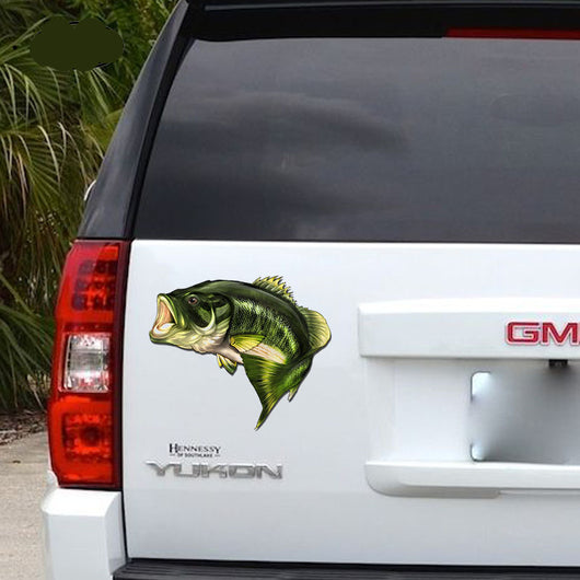 Bass fish reflective outdoor fishing car sticker with an open mouth, featuring blue, green, and brown tones.
