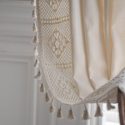 Beige crochet and plaid stitching short curtain with tassels, made from polyester cotton, hanging in a cozy room. - Image 10