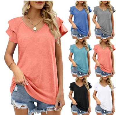 Blusa Cuello V Doble Capa Hoja de Loto Manga Corta para Dama