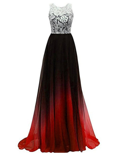 Vestido Largo de Gasa Degradada con Encaje y Tubo