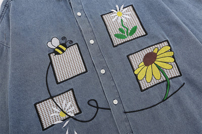 Camisa Denim con Bordado Floral - Abrigo Casual Manga Larga Cuello Polo - Image 11