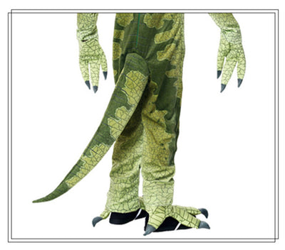 Child modeling a green frilled lizard dinosaur costume with orange and yellow frill, tail, and claws. - Image 4