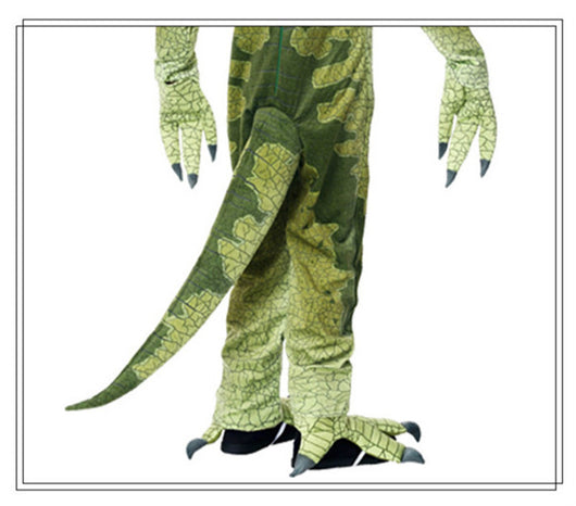 Child modeling a green frilled lizard dinosaur costume with orange and yellow frill, tail, and claws. - Image 4