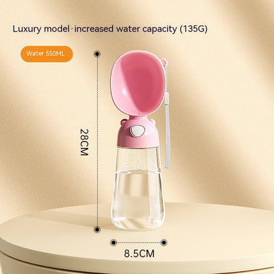 Yellow portable pet water bottle with clear reservoir, built-in drinking bowl, and wrist strap, 28cm tall. - Image 10