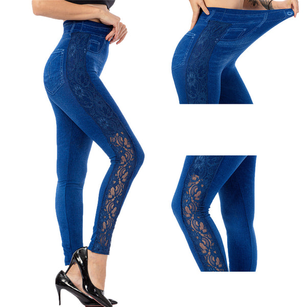 Leggins Talle Alto con Detalles de Encaje Efecto Denim