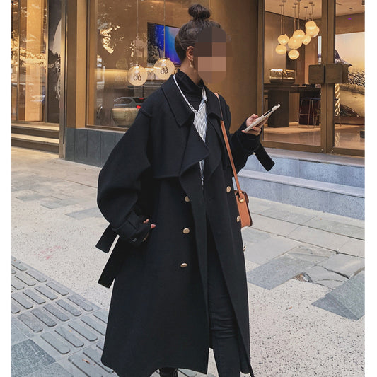 Abrigo de Lana Gruesa Negro Elegante para Mujer