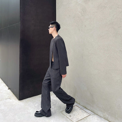 Traje Corto Casual Otoño a Rayas Cuello Redondo Bootcut - Image 3