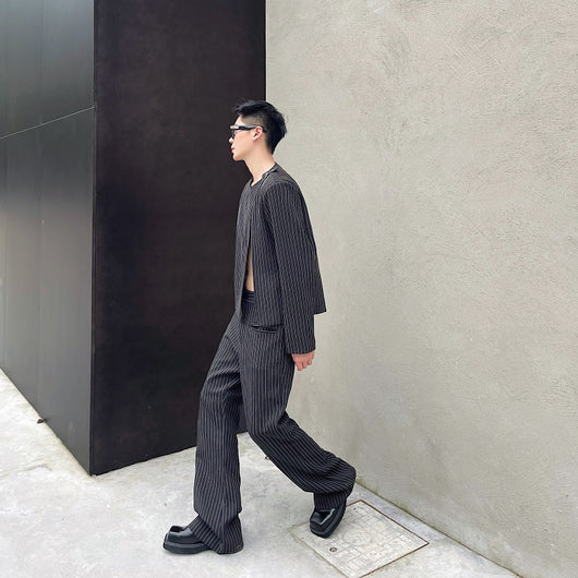 Traje Corto Casual Otoño a Rayas Cuello Redondo Bootcut - Image 3