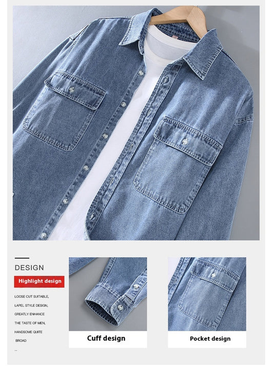 Camisa Denim Retro Vintage Lavado Doble para Hombre - Manga Larga Tono Claro - Image 11
