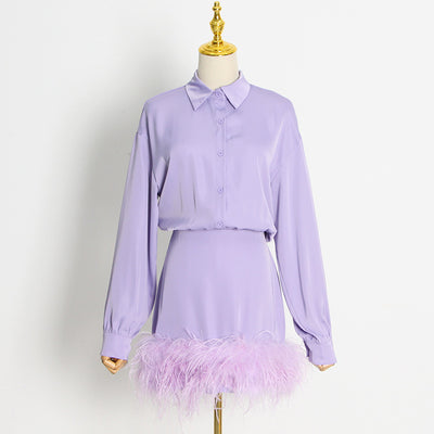 Vestido Camisero Satinado con Plumas - Manga Larga Color Sólido - Image 9