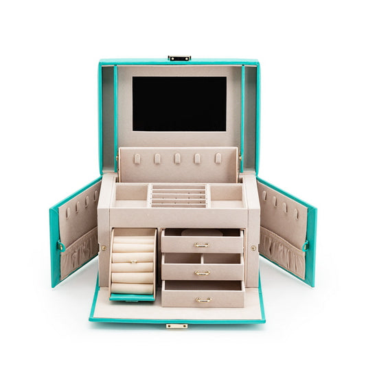 Caja Organizadora de Espejo Portátil en Cuero PU para Joyas y Maquillaje