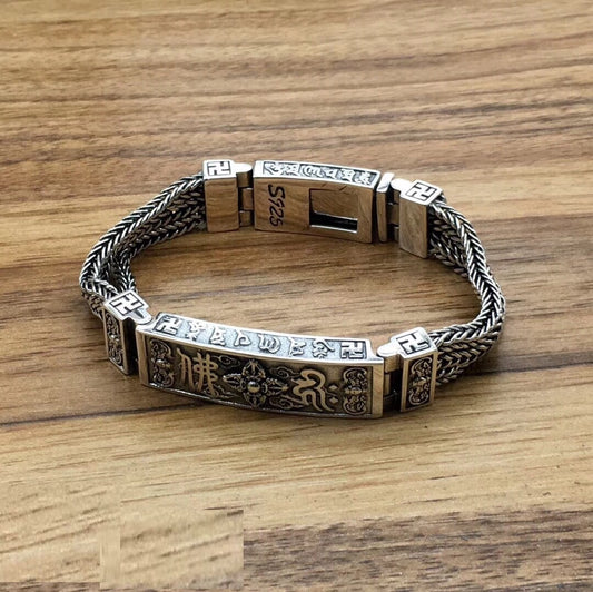 Pulsera de Plata Esterlina 925 para Hombre con Mantra de Seis Palabras