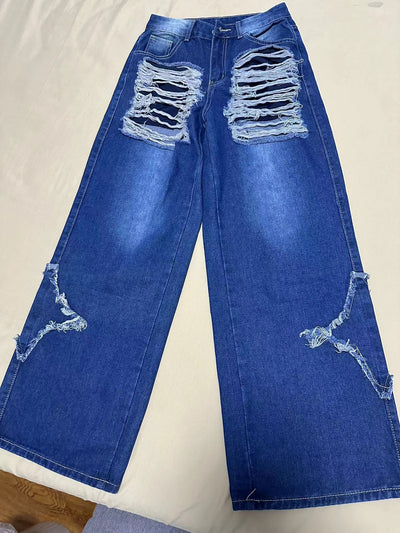 Jeans Rectos Anchos con Detalles de Parches y Flecos - Image 14