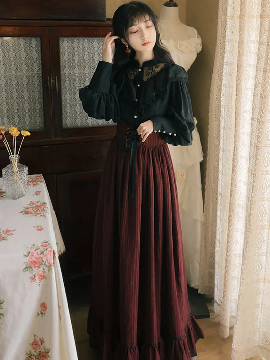 Conjunto Retro Elegante: Blusa Manga Larga y Falda Midi - Image 14