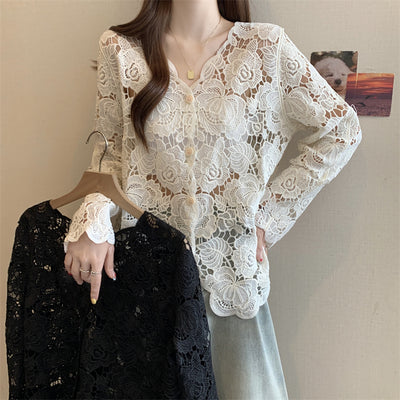 Blusa Larga de Encaje Calado con Mangas Largas para Mujer - Image 18