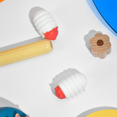 White and red interactive cat toy shaped like a segmented caterpillar with small legs and antennae. - Image 4