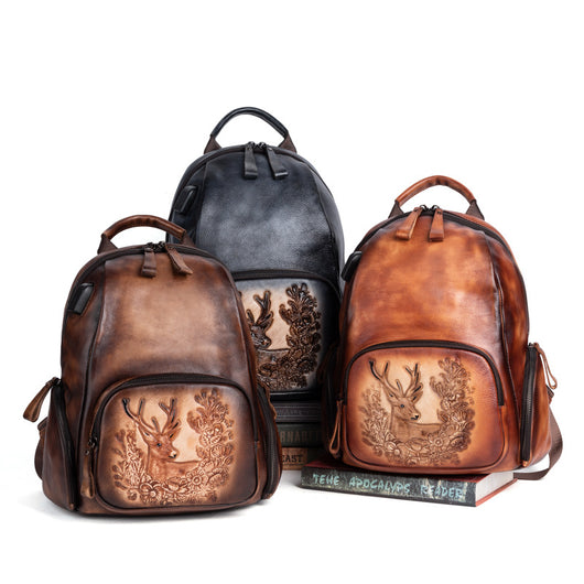 Mochila Personalizada de Cuero Pulido Vintage con Diseño de Ciervo - Image 2