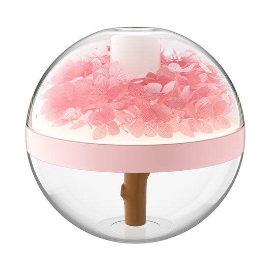 Pink round mini humidifier with clear dome, decorative pink flowers, and a light-up base, ideal for desktop or bedroom. - Image 5