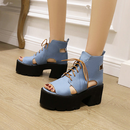 Sandalias Denim para Mujer con Cordones Delanteros y Punta Abierta