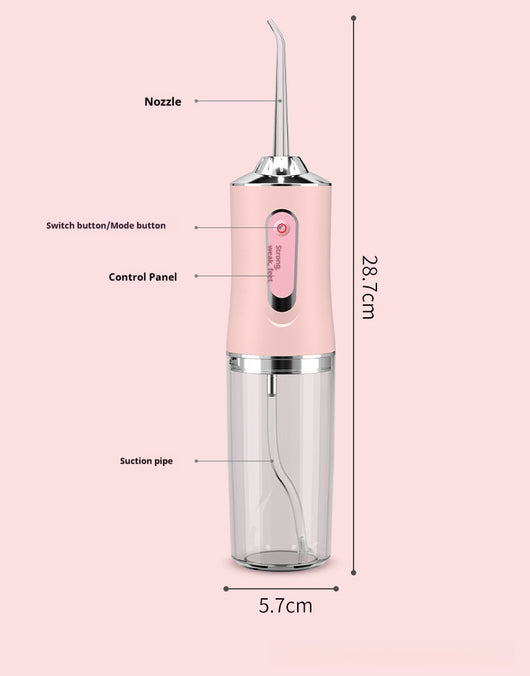 Pink portable electric oral irrigator with clear water tank and four nozzles, highlighting adjustable pressure and pulse mode. - Image 17