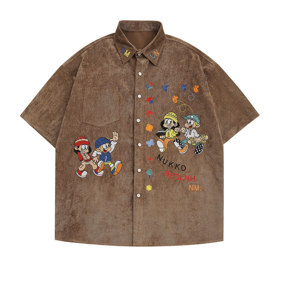 Camisa de Pana Bordada Tide Retro Estilo Neutral