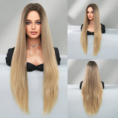 Peluca Larga Degradado Dorado Fibra Sintética Premium Cabello Liso Natural - Image 5