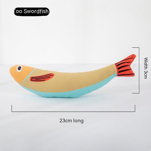 Blue star-spotted fish cat toy with orange fins and tail, 23cm long and 9cm wide, filled with catnip. - Image 12