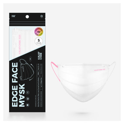 White V-shape face mask with pink ear loops, packaged in a clear and black pouch, size S, by Kalor Cvre. - Image 24