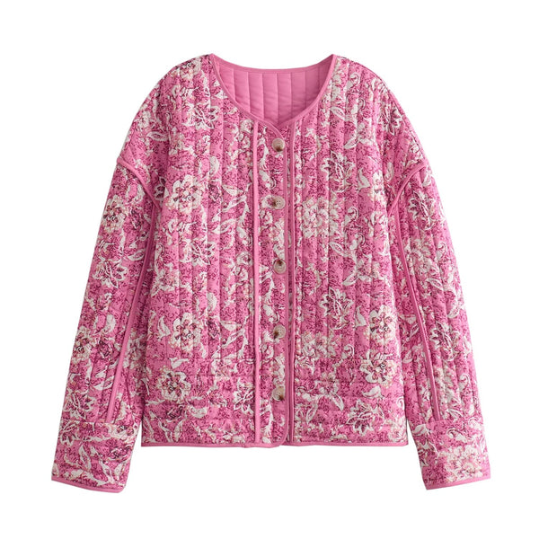 Blusa de Algodón Estampada Cuello Redondo Manga Larga Botón Simple